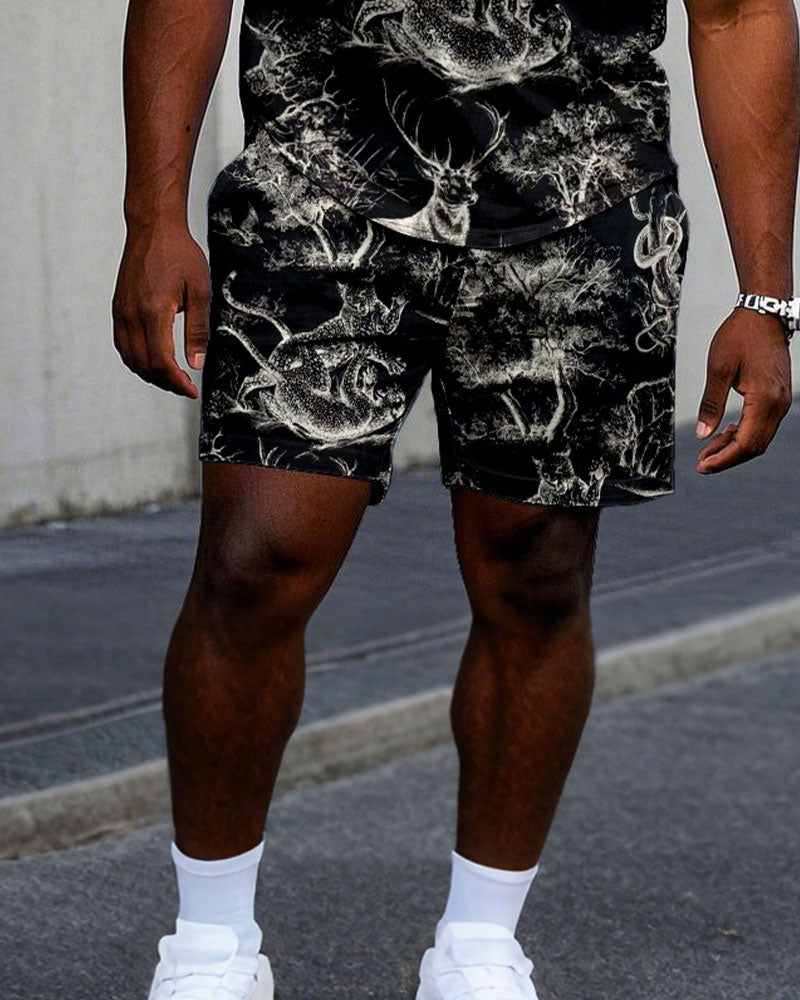 Big & Tall Men Black Animal Forest Full Size Printed Loose Round Neck Short Sleeve T-Shirt Shorts Suit