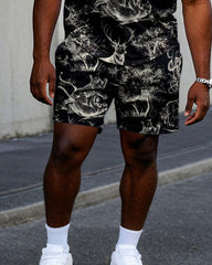 Big & Tall Men Black Animal Forest Full Size Printed Loose Round Neck Short Sleeve T-Shirt Shorts Suit