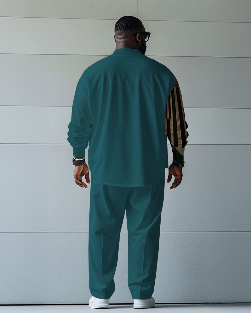 Men's Plus Size Green Blue Color Block Abstract Avatar Cartoon Print Long Sleeve Shirt Trousers Suit