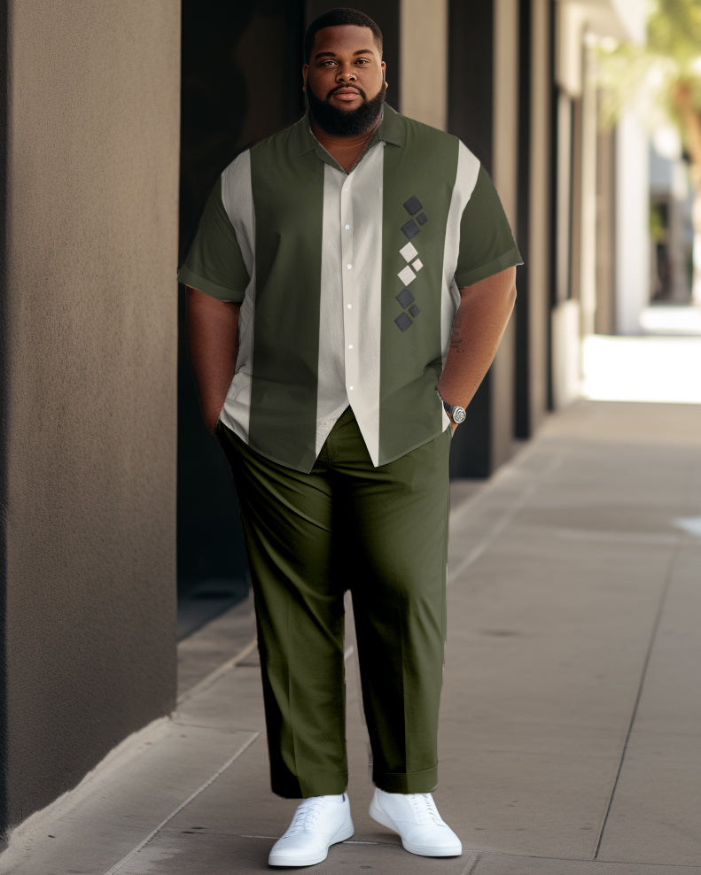 Big Men's Graphic Business Casual Sports Bowling Short Sleeve Shirt Pants Set