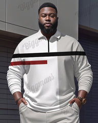 Men's Simple Light Gray Contrast Stripe Print Polo Shirt Zipper Pants Suit