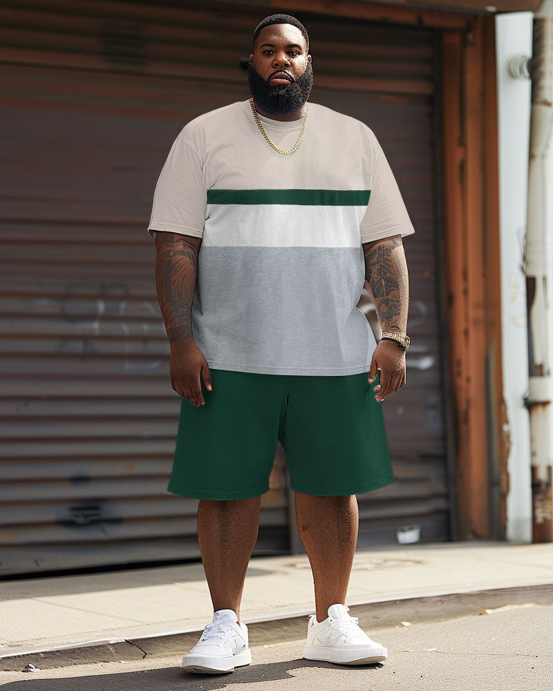 Casual Simple Strip Color Block Large Size Men's T-shirt Shorts Set
