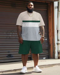 Casual Simple Strip Color Block Large Size Men's T-shirt Shorts Set