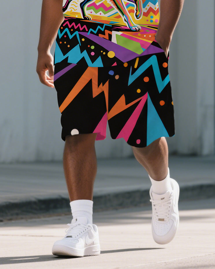 Big Men's Casual Husky Abstract Cartoon Printed Fashion Short-Sleeve Polo Shirt & Shorts Set