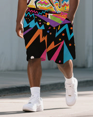 Big Men's Casual Husky Abstract Cartoon Printed Fashion Short-Sleeve Polo Shirt & Shorts Set