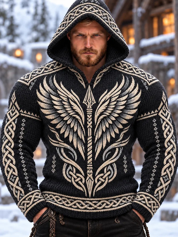 Men's Viking Spear, Wings And Celtic Knot Pattern Hooded Knit Sweater