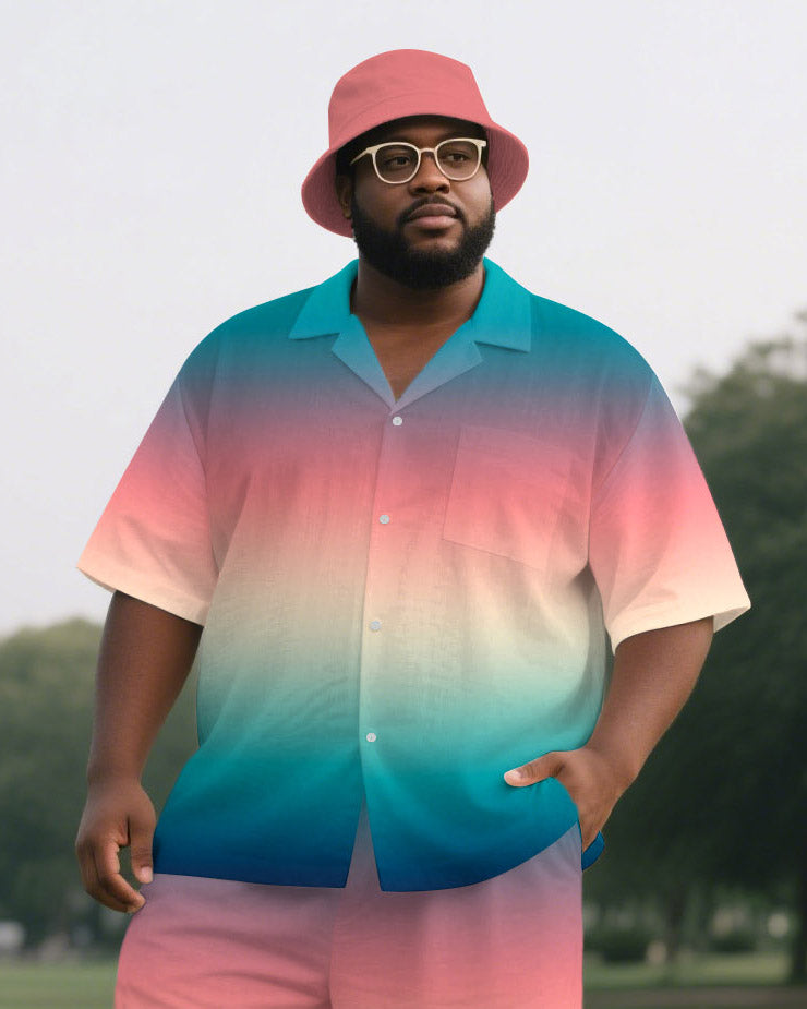 Big Men's Romantic Pink Gradient Style Button-up Short-Sleeve Shirt Pants 2-piece Sets