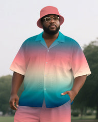 Big Men's Romantic Pink Gradient Style Button-up Short-Sleeve Shirt Pants 2-piece Sets