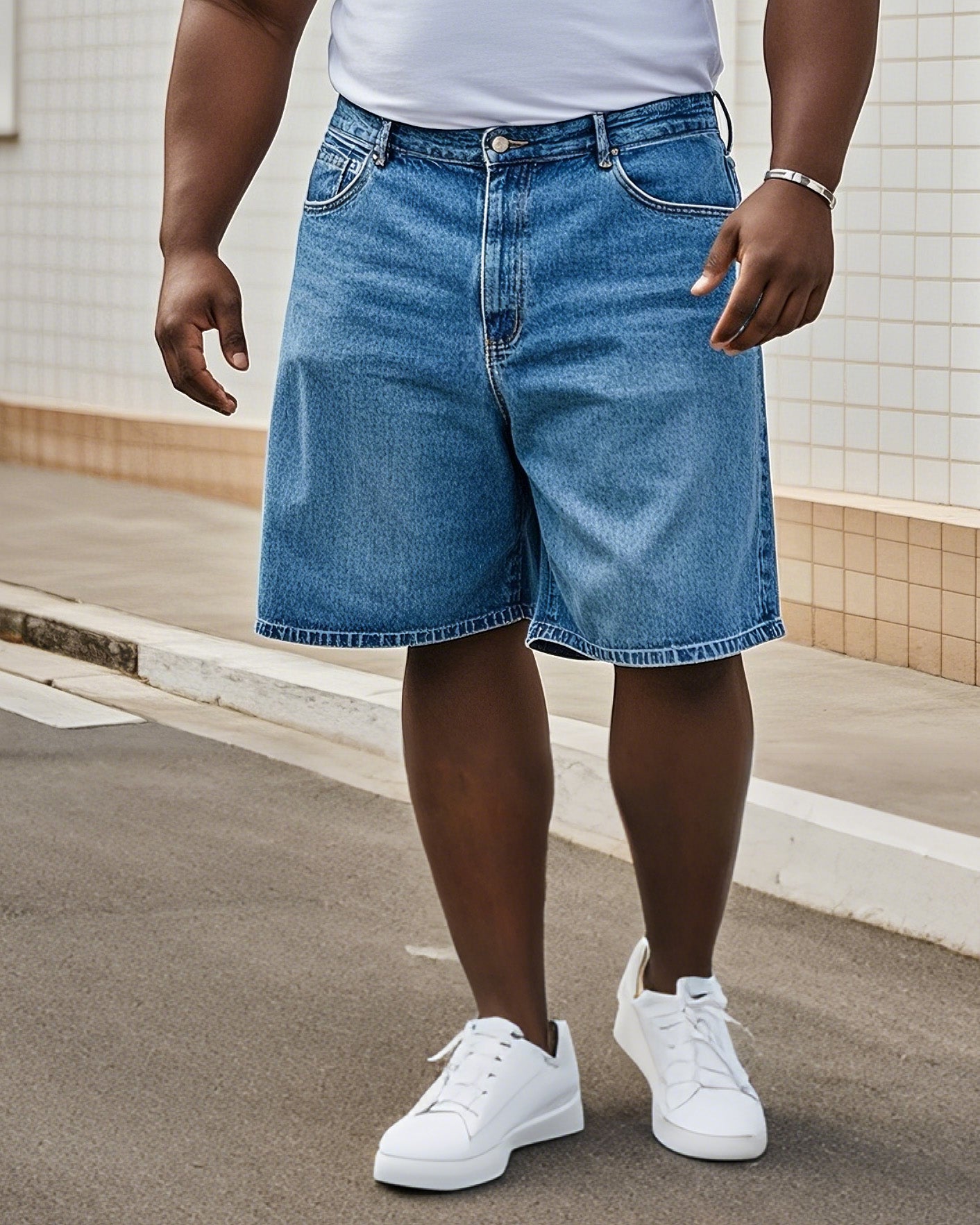 Plus Size Men's Daily Casual All-match Washing Water Pure Blue Denim Shorts