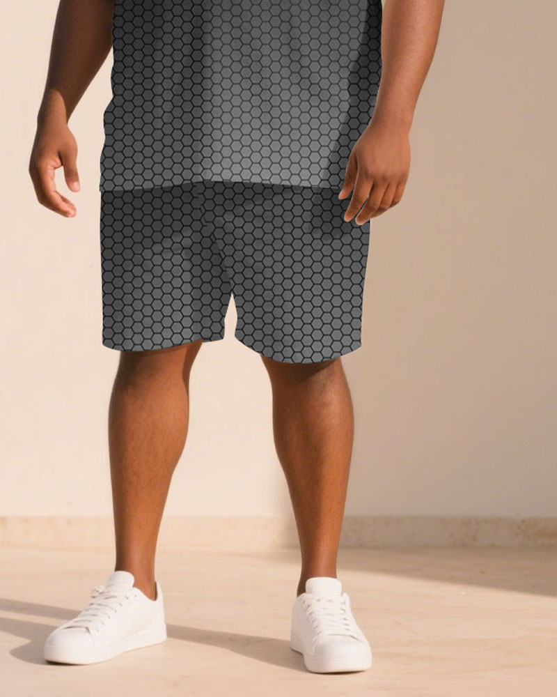Big & Tall Men Black & Grey Gradient Honeycomb Jacquard Crewneck Short Sleeve T-Shirt Shorts Suit