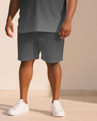 Big & Tall Men Black & Grey Gradient Honeycomb Jacquard Crewneck Short Sleeve T-Shirt Shorts Suit