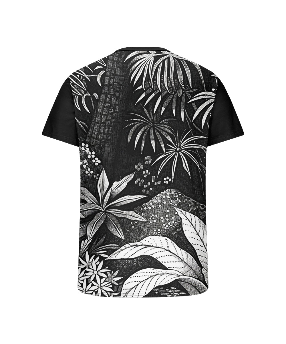 Men's Plus Size Black And White Gradient Abstract Floral Print Henry Collar Button Short Sleeve T-shirt