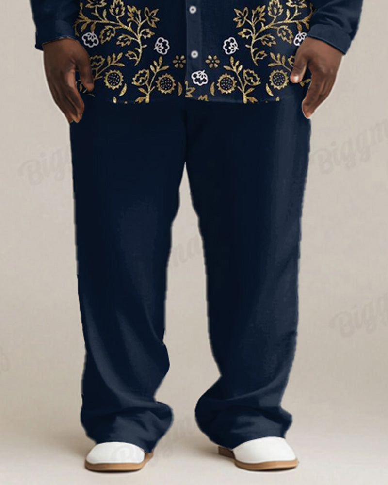 Men's Plus Size Luxury Blue Floral Print Long Sleeve Shirt Trousers Suit