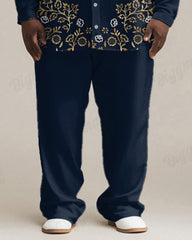 Men's Plus Size Luxury Blue Floral Print Long Sleeve Shirt Trousers Suit