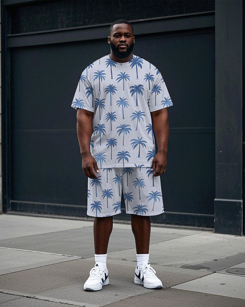 Men's Big Size Hawaiian Style Coconut Trees All Over Printed Short Sleeve T-shirt and Shorts Set
