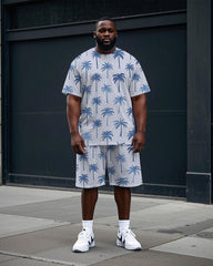 Men's Big Size Hawaiian Style Coconut Trees All Over Printed Short Sleeve T-shirt and Shorts Set