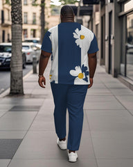 Men's Plus Size Blue And White Flower Colorblock Stripe Geometric Print Henry Collar T-Shirt Trousers Suit