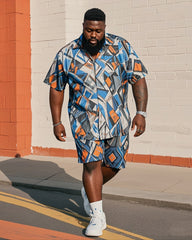 Men's Plus Size Irregular Abstract Geometry Print Short Sleeve Shirt Shorts Suit