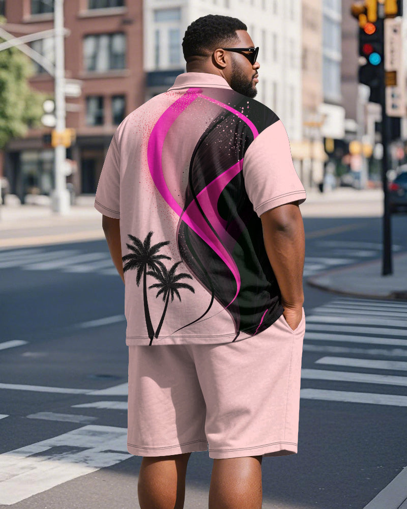 Big & Tall Men's Hawaiian Pink Coconut Print Short Sleeve Polo Shirt Shorts Suit