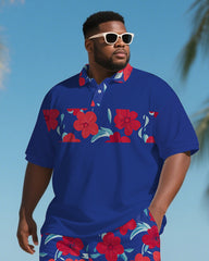 Men's Hawaiian Theme Rose Bold Printed Big & Tall Short Sleeve Polo Shirt Shorts Suit