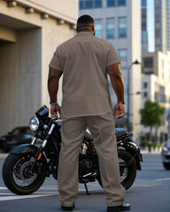 Men's Plus Size Business Brown Color Block Short Sleeve Shirt Trousers Suit