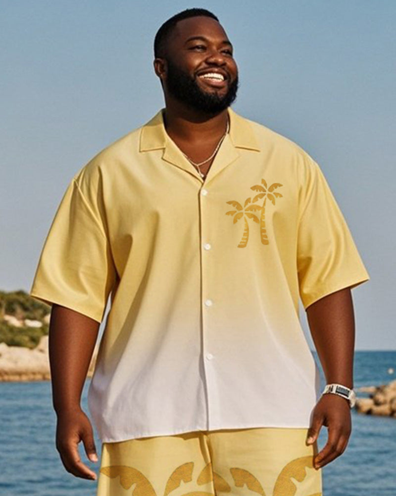 Big & Tall Men's Hawaiian Vacation Yellow Gradient Coconut Tree Print Shirt Shorts Suit