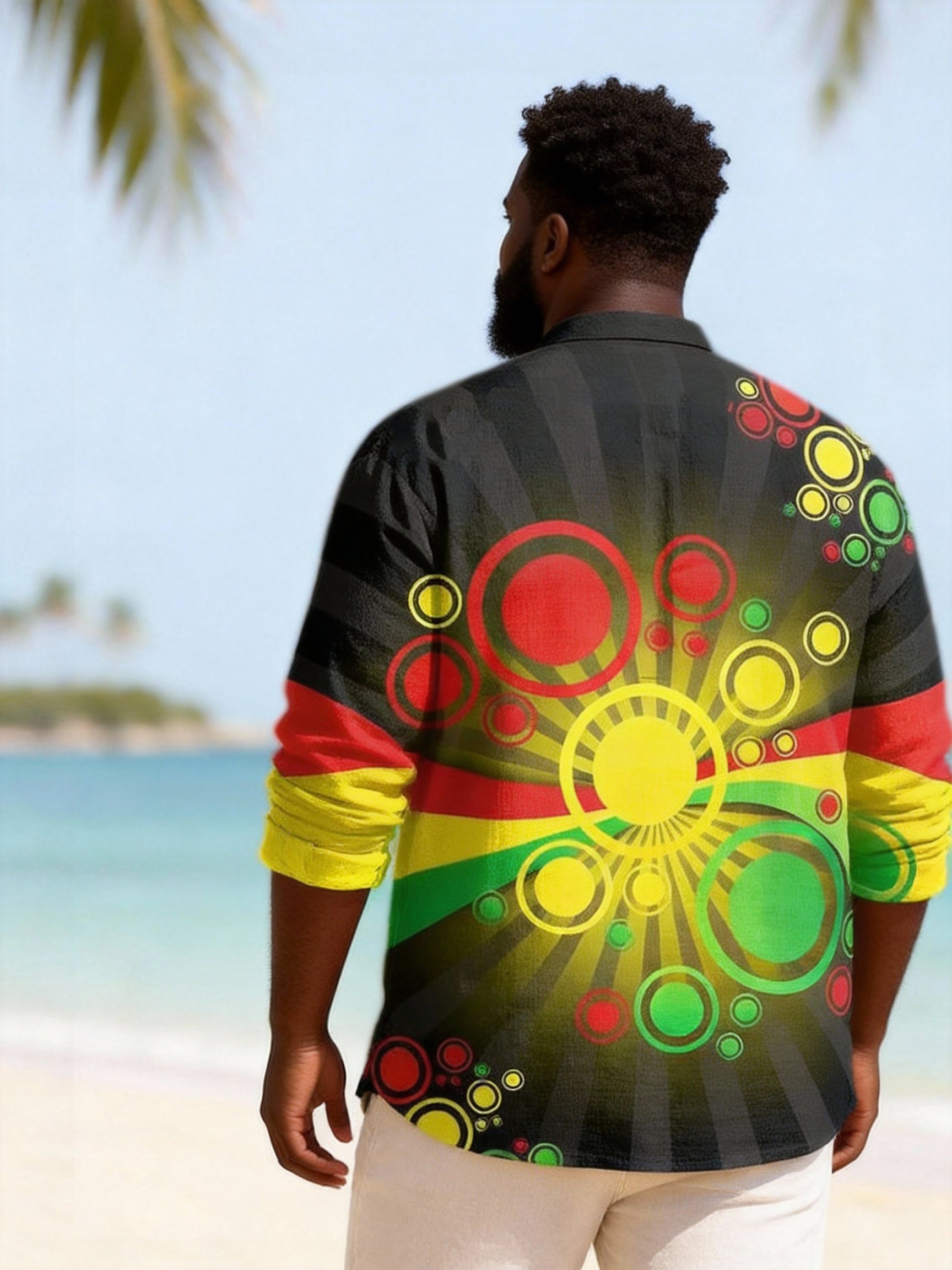Big & Tall Men's Reggae Colorful Circle Printed Henry Collar Long Sleeve Shirt