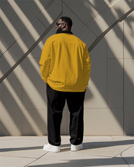 Men's Simple Yellow Stripe Alphabet Print Polo Shirt Zipper Pants Suit