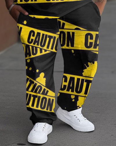 Men's Big & Tall Cartoon Full Body Printed CAUTION Short-sleeved T-shirts Trousers Two-piece Set