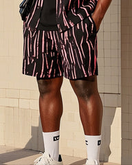 Big Men's Fashion Red Black Irregular Stripe Color Block Printing Short Sleeve Shirt Shorts Suit
