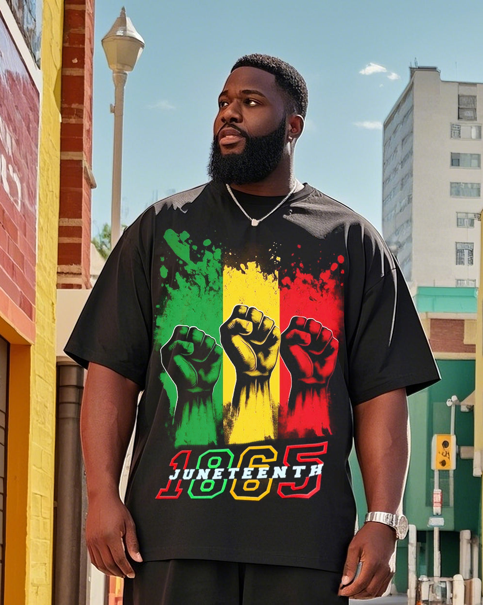 Men's Plus Size June Festival Creative Freedom Day Fist 1865 Printed T-Shirt Shorts Suit
