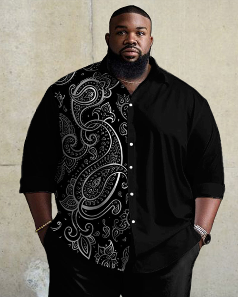 Big Guys Vintage Cashew Pattern Stitching Long Sleeve Lapel Shirt 2-piece Set