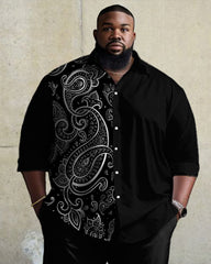 Big Guys Vintage Cashew Pattern Stitching Long Sleeve Lapel Shirt 2-piece Set