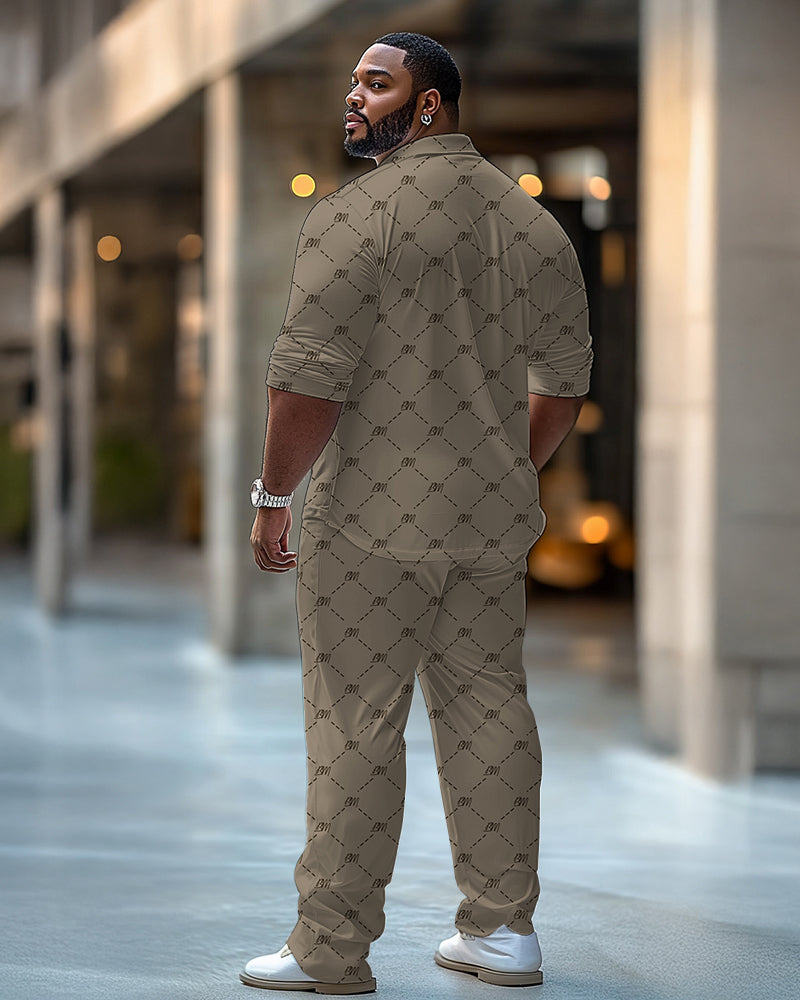 Big & Tall Men's Business Khachi BM Letter Dotted Pattern Printed Long Sleeve Shirt Pants Suit
