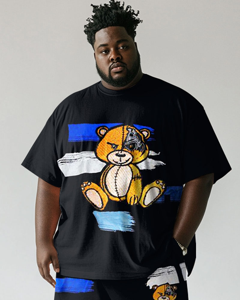 Men's Plus Size Street Black Graffiti Bear Print Short Sleeve T-Shirt Shorts Suit