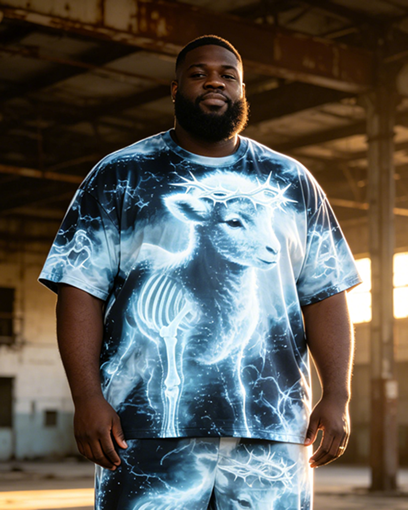 Big & Tall Men's Perspective Lamb Skeleton Bramble Crown Printed T-Shirt Pants Set