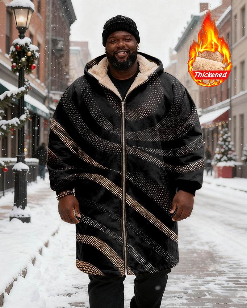 Big & Tall Men's Black Gold Dot Twill Printed Velvet Thickened Long Hooded Coat