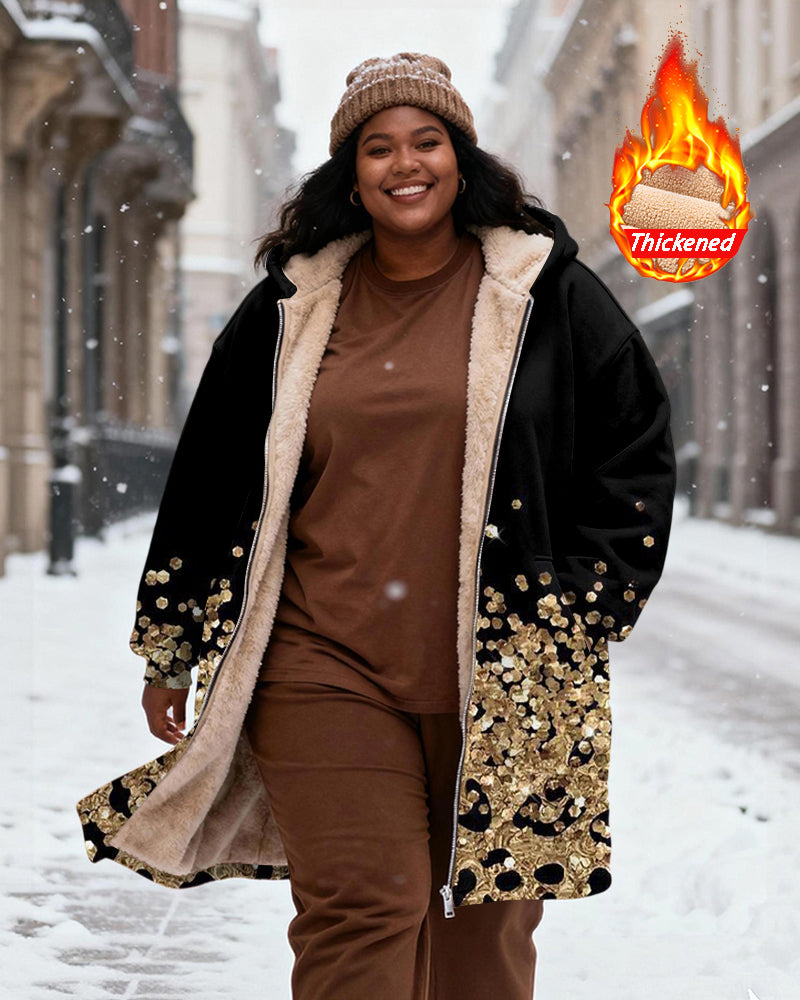 Women's Black Gold Sequin Leopard Print Patchwork Velvet Thickened Long Hooded Coat