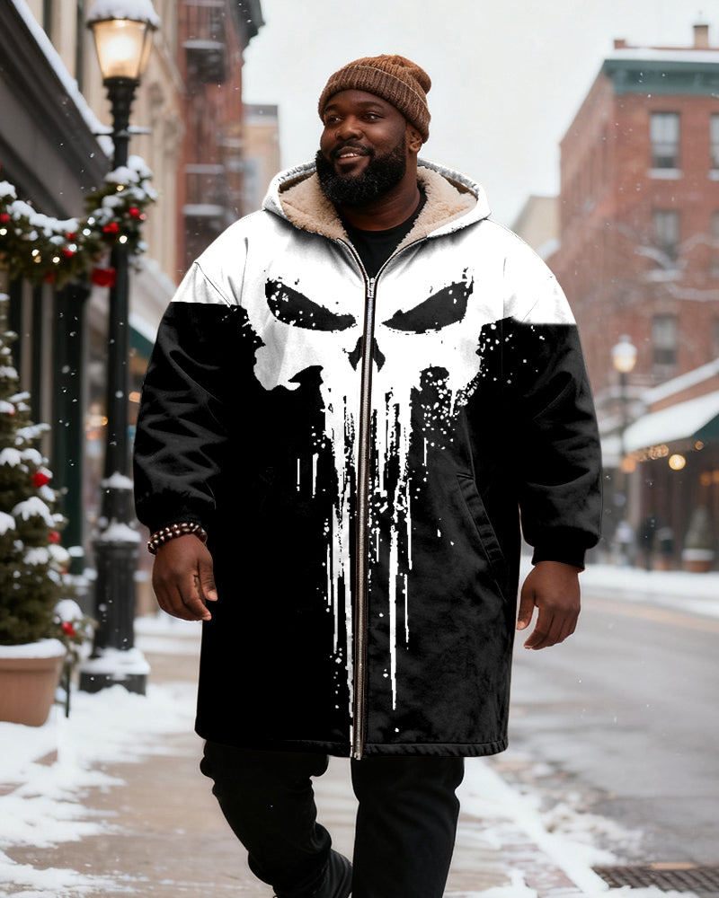 Big & Tall Men's Abstract Skull Print Velvet Thickened Long Hooded Coat