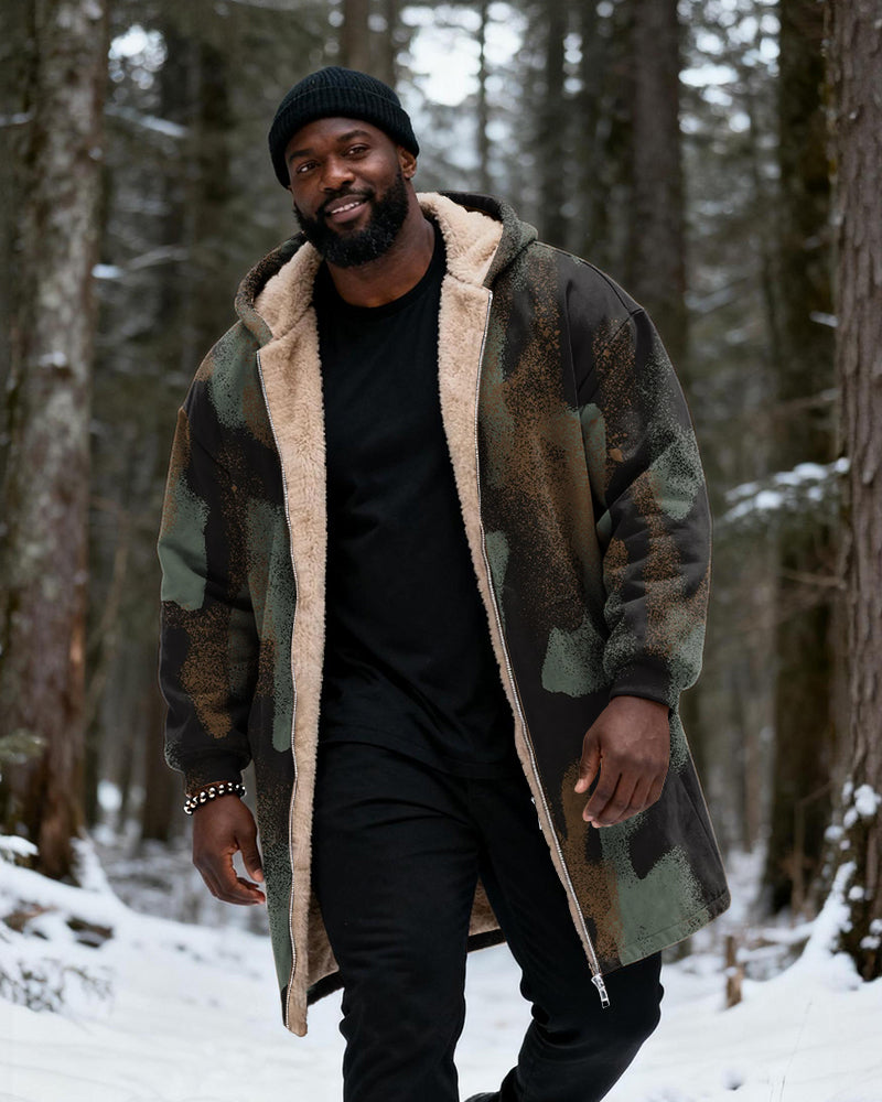 Big & Tall Men's Hunting Style Vintage Camouflage Print Velvet Thickened Long Hooded Coat