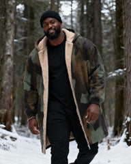 Big & Tall Men's Hunting Style Vintage Camouflage Print Velvet Thickened Long Hooded Coat