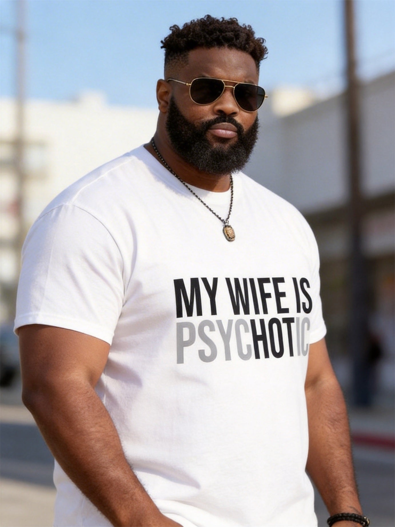 Big & Tall Men's "MY WIFE IS PSYCHOTIC" Contrast Printed Round Neck Short Sleeve T-shirt
