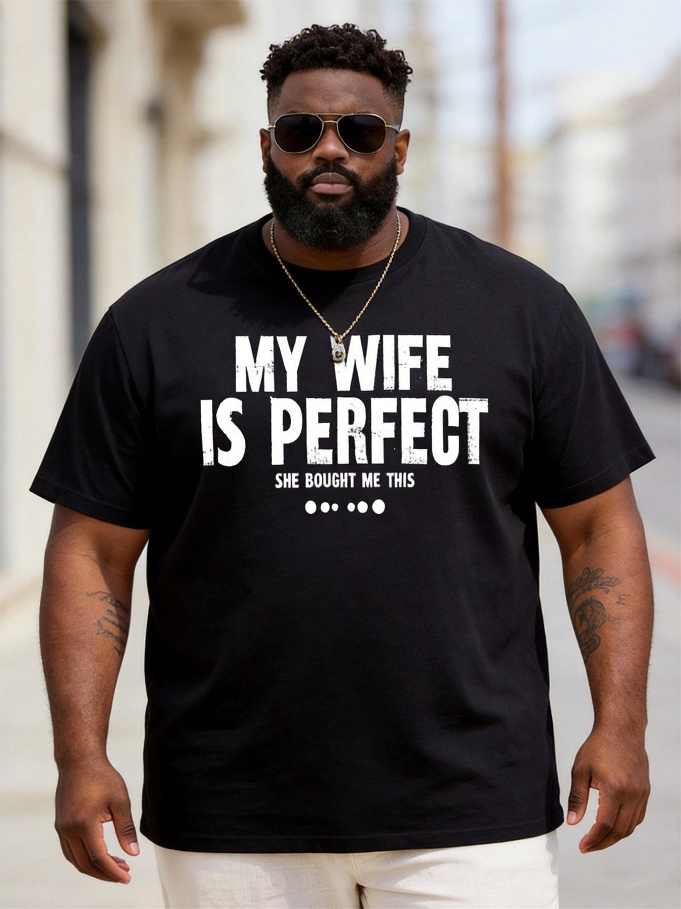 Big & Tall Men's "MY WIFE IS PERFECT" Bracket Fun Printed Round Neck Short Sleeve T-Shirt