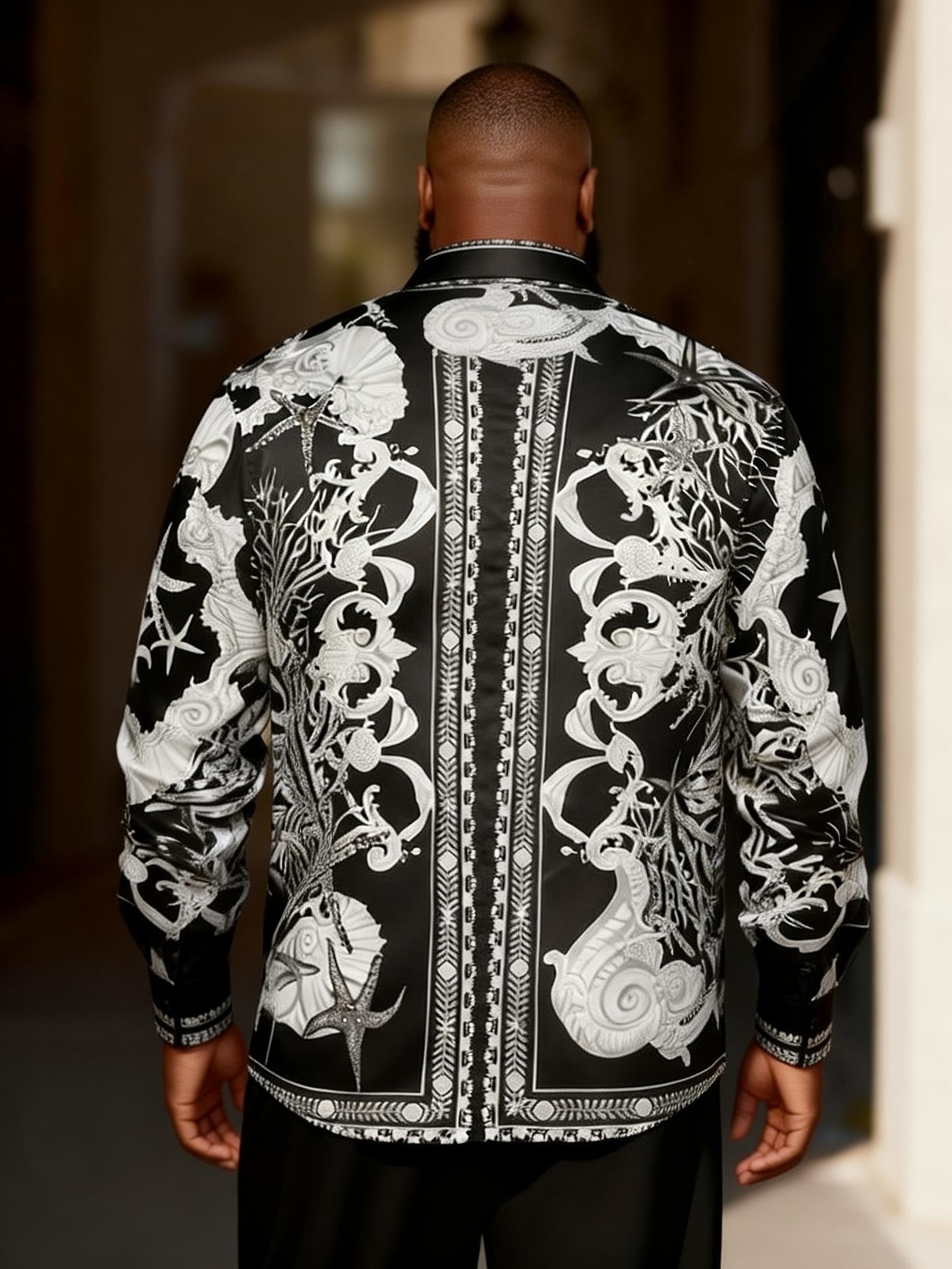 Big & Tall Men's Black & White Sea Life Totem Print Long Sleeve Shirt