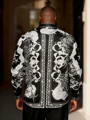 Big & Tall Men's Black & White Sea Life Totem Print Long Sleeve Shirt