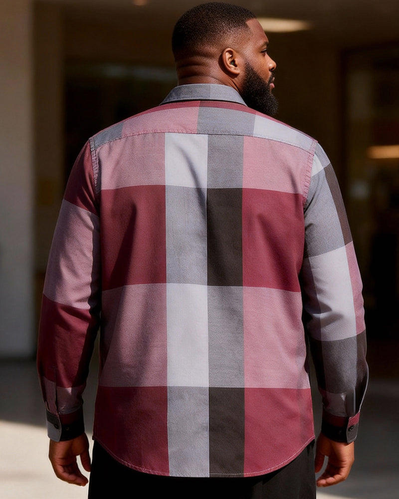 Big & Tall Men's Red And Gray Check Contrast Printed Long Sleeve Shirt