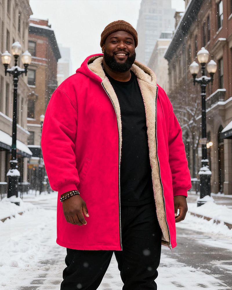 Big & Tall Men's Solid Color Velvet Thickened Long Hooded Coat
