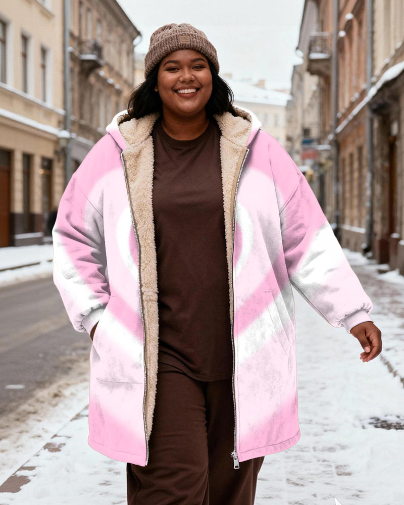 Women's Pink White Gradient Loving Heart Printed Velvet Thickened Long Hooded Coat