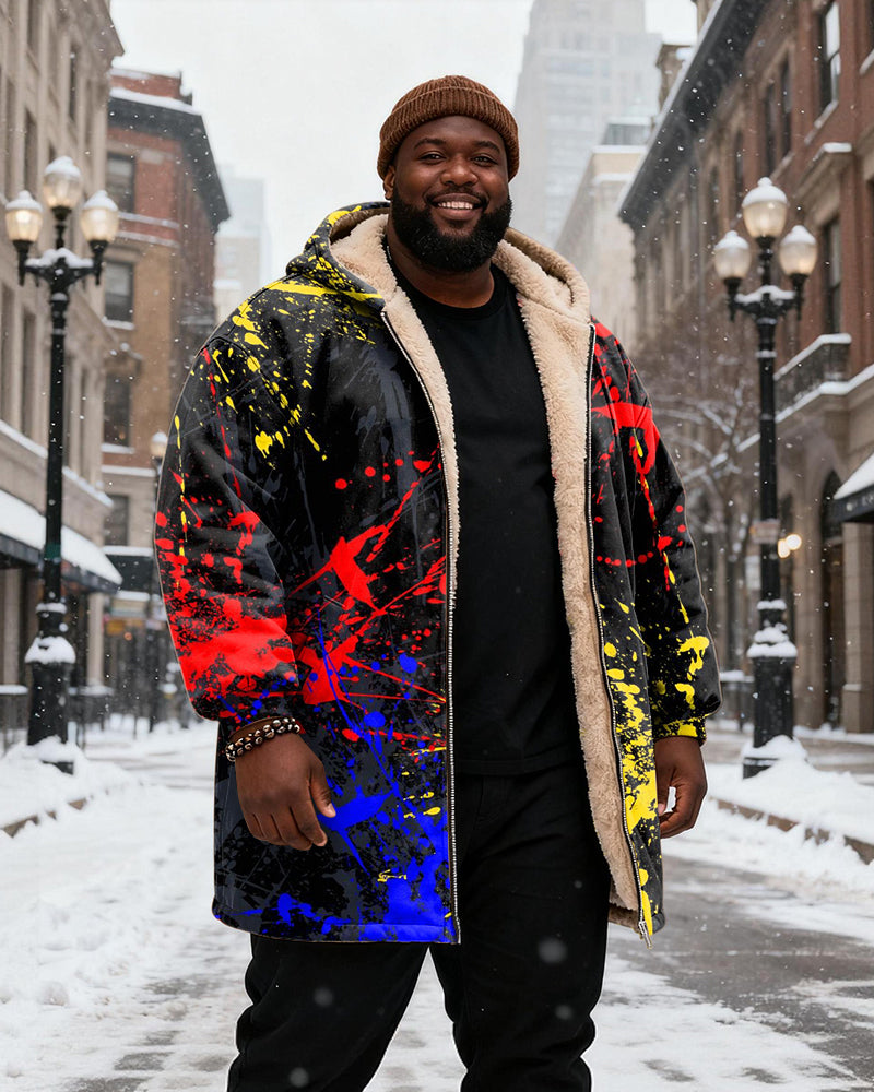 Big & Tall Men's Splash Ink Graffiti Printed Velvet Padded Long Hooded Coat