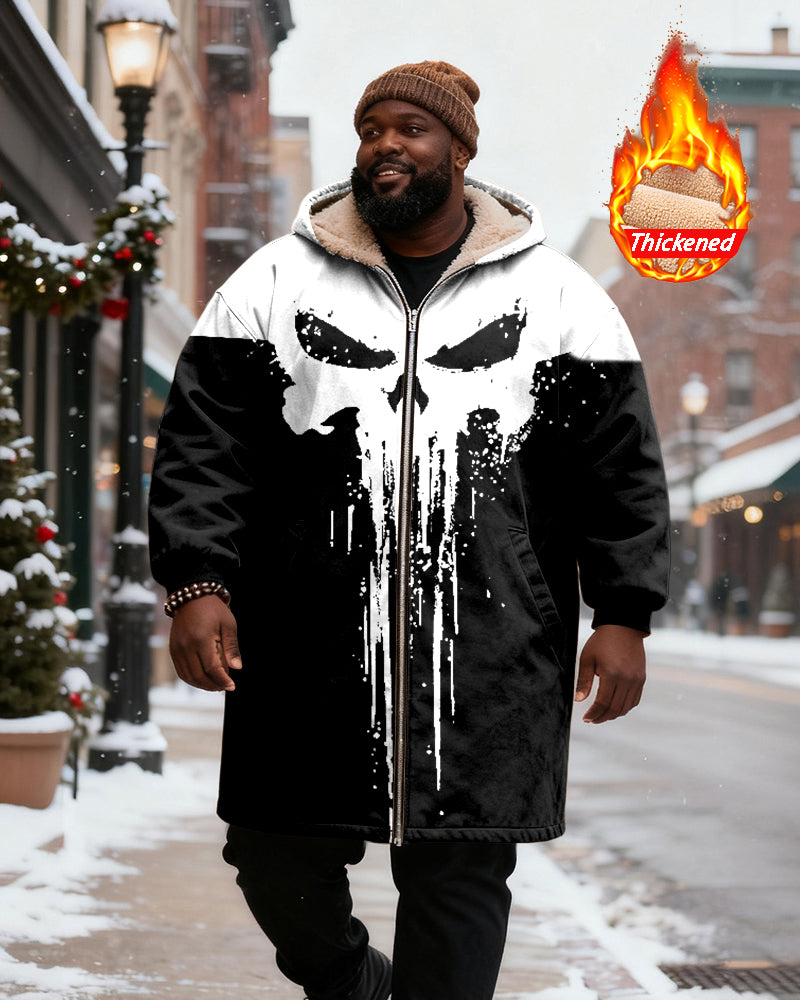 Big & Tall Men's Abstract Skull Print Velvet Thickened Long Hooded Coat